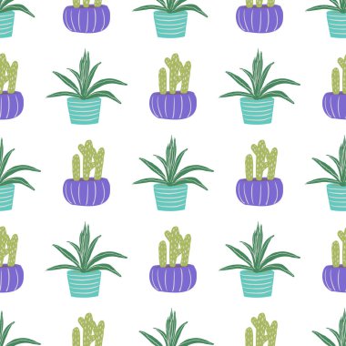 El yapımı saksı bitkileri pürüzsüz desen. Kaktüsler ve sulular düz karalama çizimi. Yüzey tasarım şablonu.