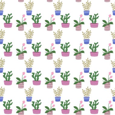 El yapımı saksı bitkileri pürüzsüz desen. Kaktüsler ve sulular düz karalama çizimi. Yüzey tasarım şablonu.