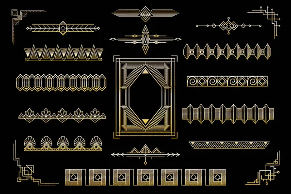 Art Deco Altın Elementleri seti. Parıltılı efektli lüks tasarım elementleri. Düğün davetiyeleri, tebrik kartları, hediye kuponları tasarım öğeleri..