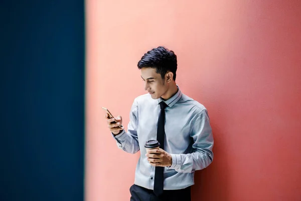 Happy Friendly Young Attractive Businessman Use Smart Phone Holding Morning — Stock Photo, Image