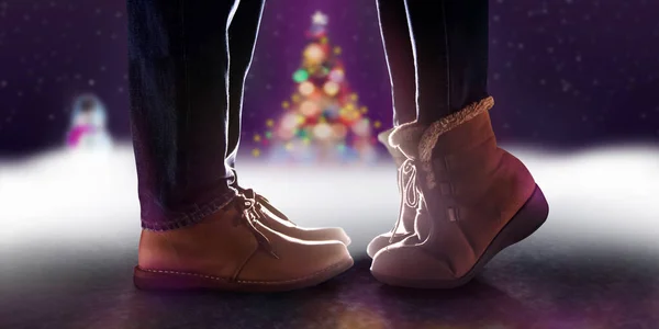 コンセプト 低部冬のロマンチックでカップルにキスが大好きクリスマスの夜 横から見た図 — ストック写真