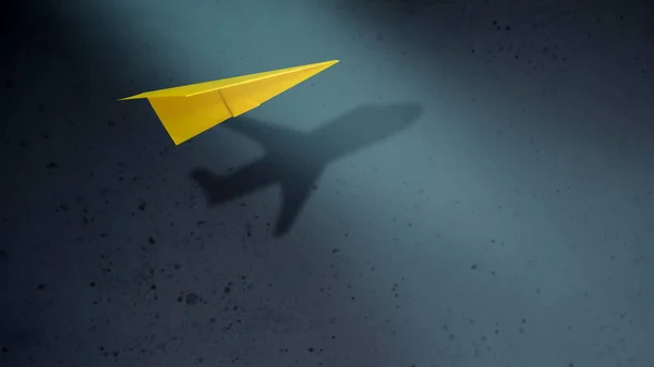 考える大きいとビジネス コンセプトの動機 航空機の影の壁の上を飛んで紙飛行機 — ストック写真