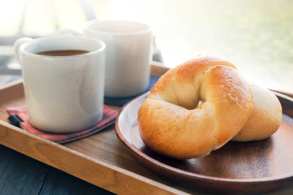 Fresh Homemade Bagel Bread Hot Coffee Morning — Stock Photo, Image