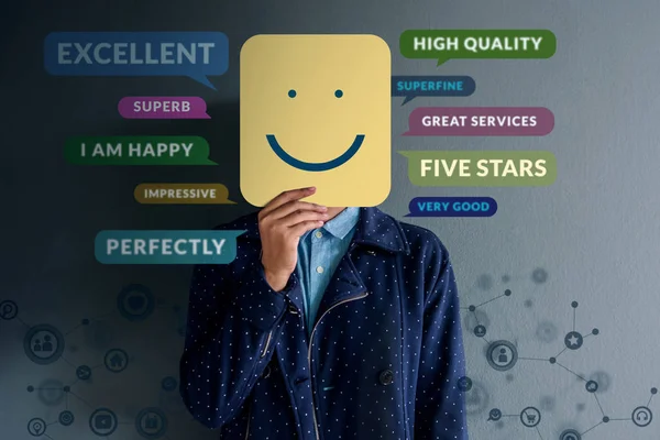 Customer Experience Concept Happy Client Standing Wall Smiling Face Paper — Stock Photo, Image