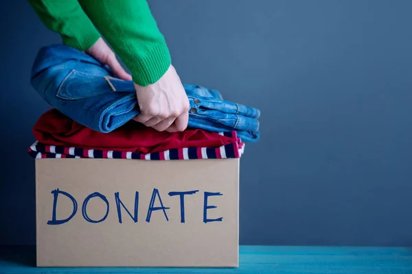 Donation Concept Woman Preparing Her Used Old Clothes Donate Box — Stock Photo, Image