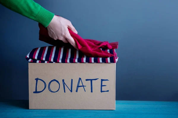 Donation Concept Woman Preparing Her Used Old Clothes Donate Box — Stock Photo, Image