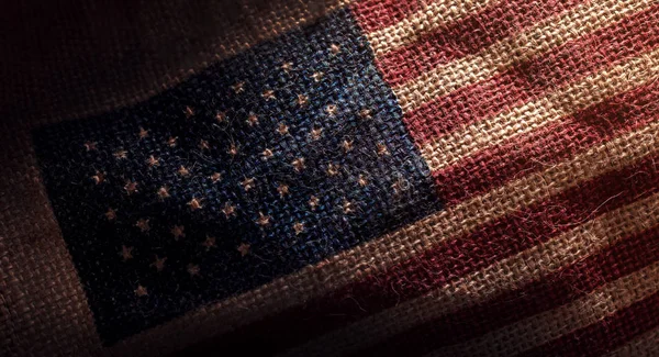 American Usa Flag Printed Dark Grunge Burlap Sack Closeup Shot — Stock Photo, Image