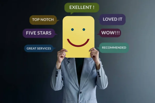 Customer Experience Concept Happy Client Standing Wall Smiling Face Paper — Stock Photo, Image