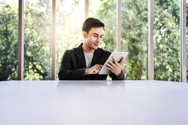 Soft Focus Happy Young Businessman Working Tablet Table Office Glass — Stock Photo, Image