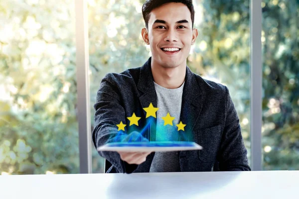 Customer Experiences Concept. Happy Young Man Sitting at the Des — Stock Photo, Image