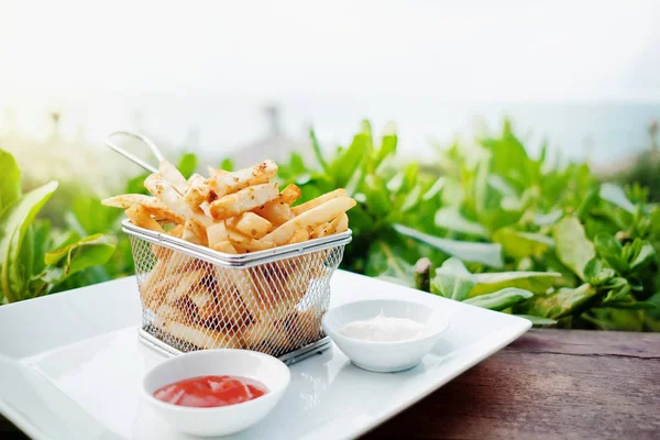 French Potato Fries Metal Mesh Flying Sieve Two Dipping Sauce — Stock Photo, Image