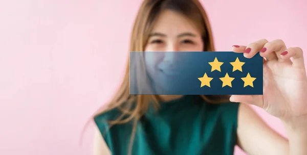 Customer Experiences Concept Happy Woman Smiling Show Excellent Rating Five — Stock Photo, Image