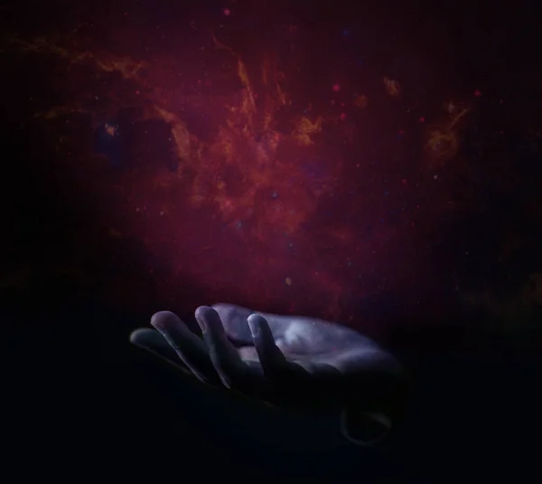 Abstract Image Opened Hand Raising Star Nebula Universe Inglês Significado — Fotografia de Stock