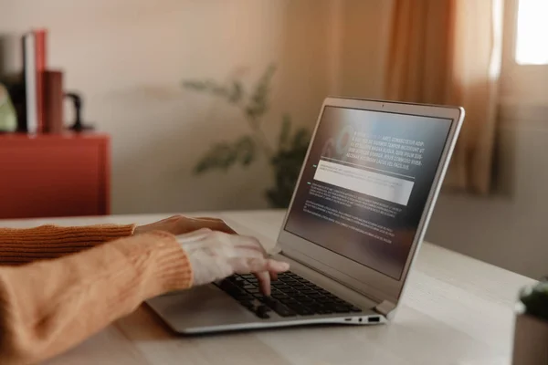 Woman Working Computer Laptop Young Freelance Working Home Closeup Shot — Stock Photo, Image