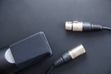 Müzik ekipmanları, xlr kablolu profesyonel kondansatör stüdyo mikrofon, koyu renk. Yukarıdan kapat