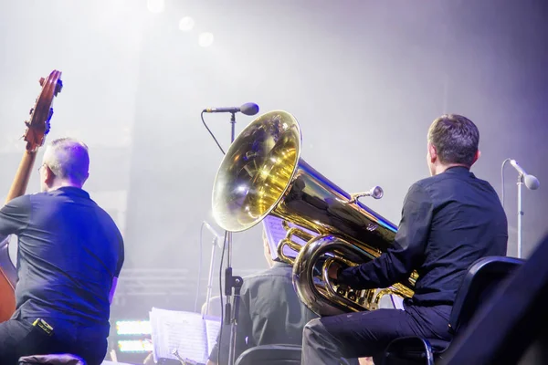 Banda en el escenario, tuba y contrabajistas — Foto de Stock