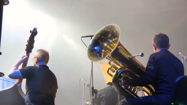 Симфонический оркестр на сцене, оркестровая латунь — стоковое видео