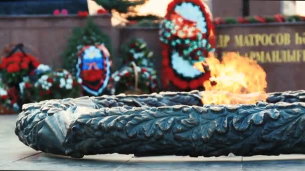 Вічний вогонь, пам'ятник і квіти — стокове відео