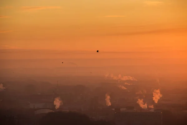 Lever de soleil sur l'usine de la zone industrielle. Les rayons de lumière orange traversent le brouillard matinal et la fumée des tuyaux. Fabrication chimique industrielle — Photo