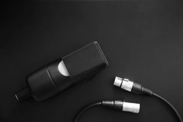 Microfono professionale da studio a condensatore e cavo XLR su sfondo nero. Musica, arte e ispirazione concept . — Foto Stock