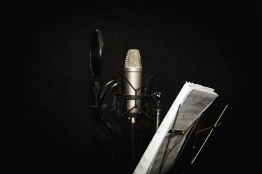 Müzik ekipmanları. Stüdyoda profesyonel kondansatör mikrofonu. Yandan yukarı yakın