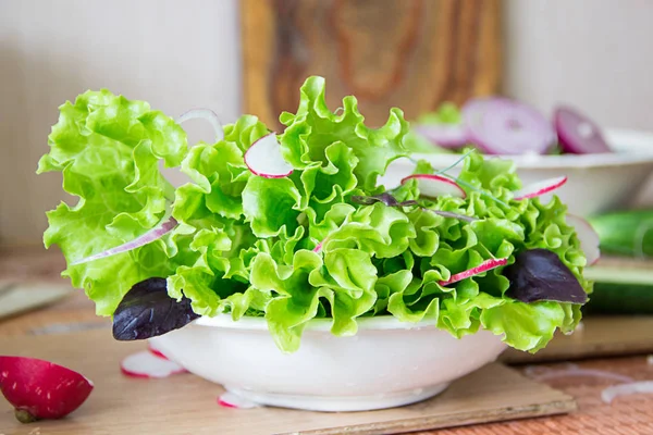 Salat mit Rettich, Salat, roten Zwiebeln und Basilikumblättern zubereiten. Ernährung oder vegetarisches Ernährungskonzept — Stockfoto