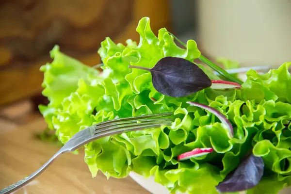 Salat auf dem Tisch mit Rettich, Salat, roten Zwiebeln und Basilikumblättern. Ernährung oder vegetarisches Ernährungskonzept — Stockfoto