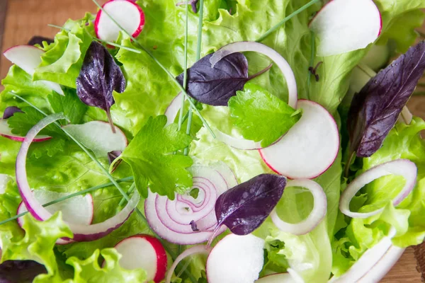 Frischer grüner Salat mit Rettich, Salat, roten Zwiebeln und Basilikumblättern. Ansicht von oben. Rohkost und vegane Ernährung — Stockfoto