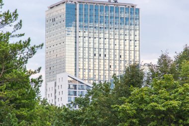 Parkta dökmeyen iğne yapraklı çam ormanı arasında yüksek katlı ofis binası.