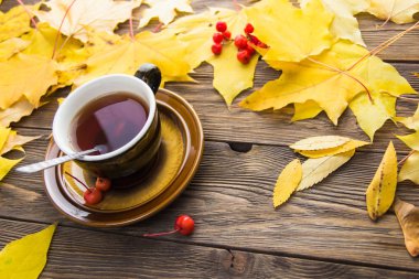 Sarı ve turuncu düşmüş akçaağaç ahşap arka plan üzerinde yaprakları.