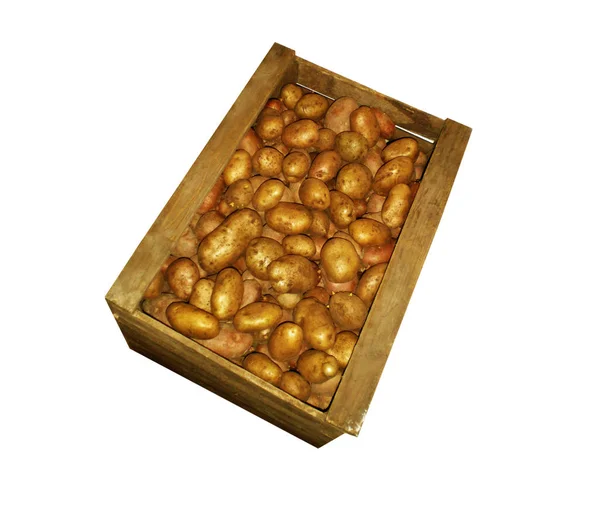 Wooden Box Potatoes White Background — Stock Photo, Image