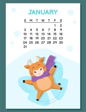 2021 Ocak takvimi konsepti komik öküzler ve inekler. Mor eşarplı şirin boğa, kar meleği ya da kelebek yapıyor. Tasarımınız için vektör illüstrasyonu