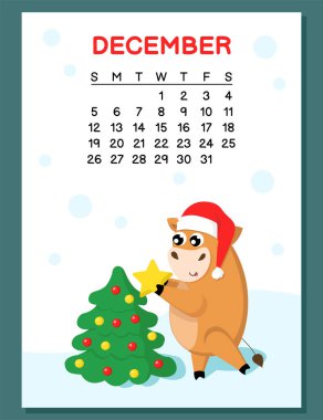 Komik öküzlü veya inekli 2021 Aralık takvimi. Noel Baba şapkalı şirin boğa, Noel ağacını sarı yıldızla süslüyor. Vektör illüstrasyonu