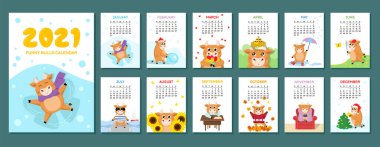 Yılın farklı mevsimlerinde şirin boğa ve ineklerle 2021 takvim tasarımı. Yeni yıl sembolü kavramı. Kapak ve 12 aylık sayfa. Yazdırmaya hazır
