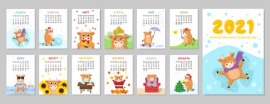 Yılın farklı mevsimlerinde şirin boğa ve ineklerle 2021 takvim tasarımı. Rus dili. Yeni yıl sembolü kavramı. Kapak ve 12 aylık sayfa. Yazdırmaya hazır