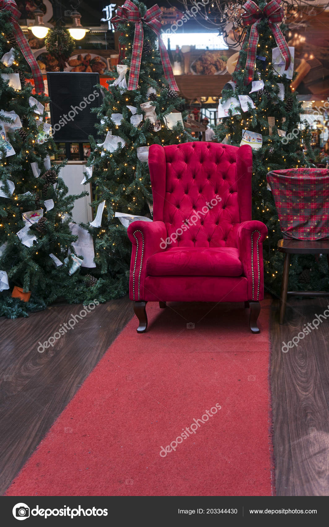 Red Throne Santa Claus Indoors Christmas Pine Trees Decoration