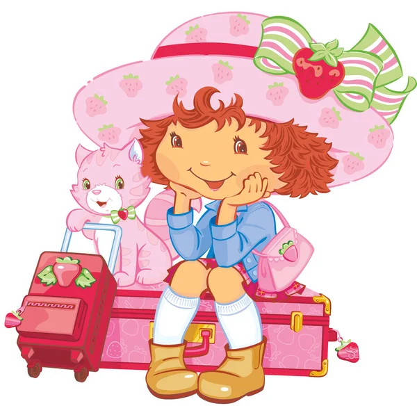 strawberry shortcake cat luggage seated   cartoon illustration character