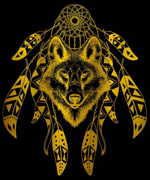 wolf dreamcatcher native wildlife american indian tribal metallic golden illustration