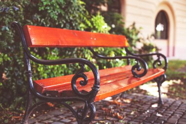 Parkta siyah demir tırabzanlı kahverengi bir bank duruyor. yumuşak arkaplan