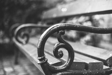 Parkta siyah demir tırabzanlı kahverengi bir bank duruyor. yumuşak arkaplan