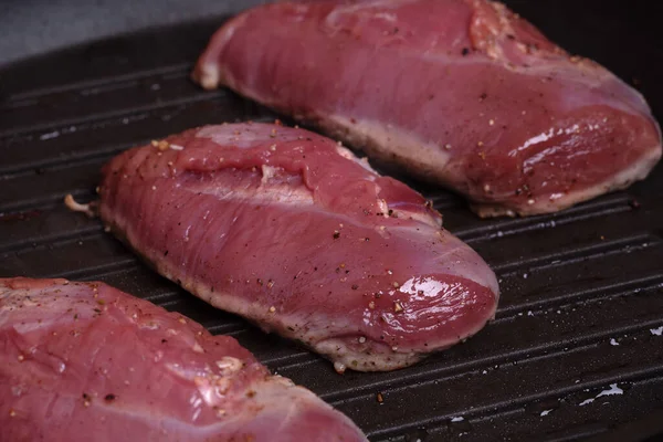 Cooking Duck Breast Grill Pan Tasty Recipe Composition Objects View — Stock Photo, Image