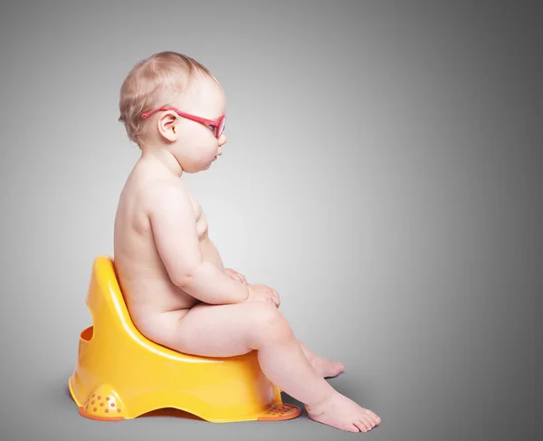 Little Baby Glasses Sitting Toilet Color Background — Stock Photo, Image