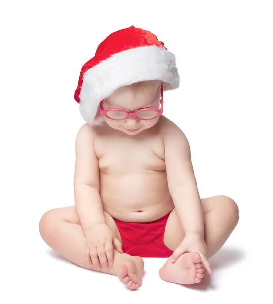 Little Baby Santa Hat Glasses Sit White Background Isolated — Stock Photo, Image