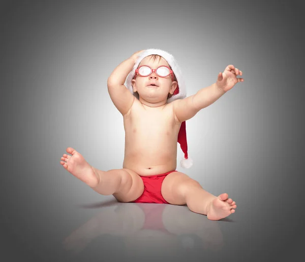 Little Cute Baby Red Santa Hat Red Glasses Barely Holds — Stock Photo, Image