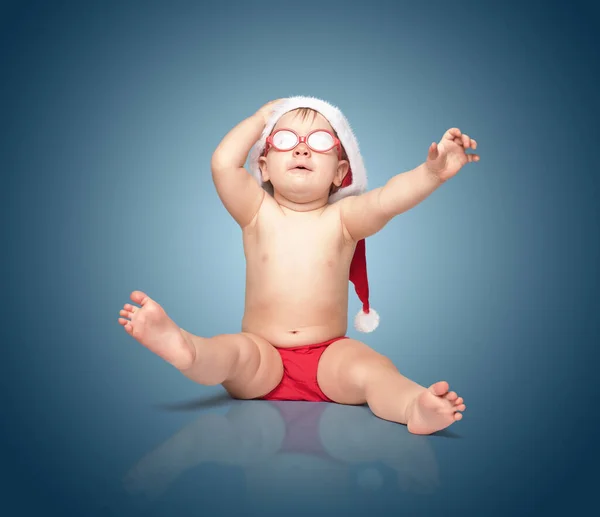 Little Cute Baby Red Santa Hat Red Glasses Barely Holds — Stock Photo, Image