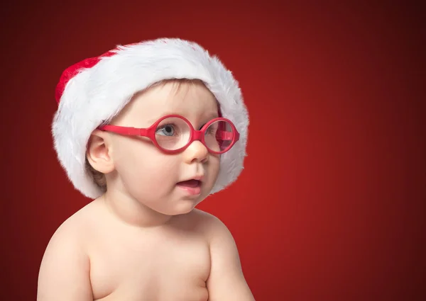 Little Cute Baby Red Santa Hat Color Bacground Close Portrait — Stock Photo, Image