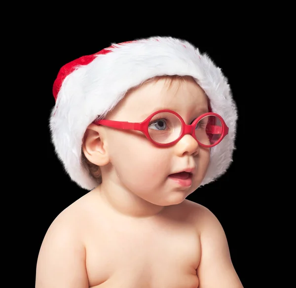 Little Cute Baby Red Santa Hat Black Bacground Close Portrait — Stock Photo, Image