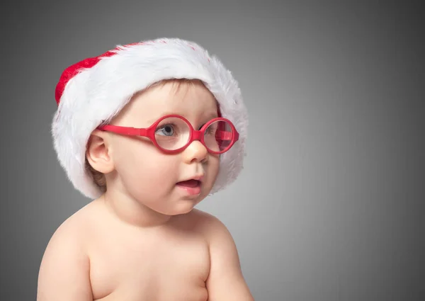 Little Cute Baby Red Santa Hat Color Bacground Close Portrait — Stock Photo, Image