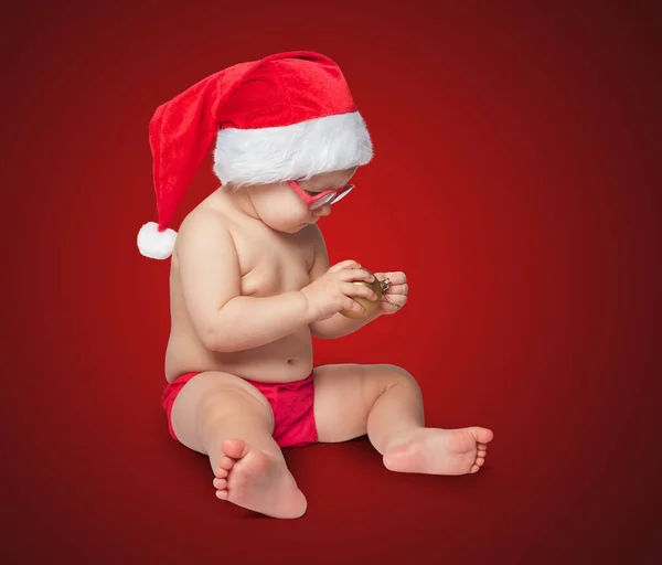 Little Cute Baby Red Santa Hat Color Bacground — Stock Photo, Image