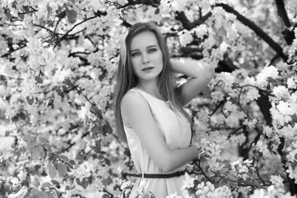 Portrét Mladé Blondýny Modrých Šatech Stromy Květinách — Stock fotografie